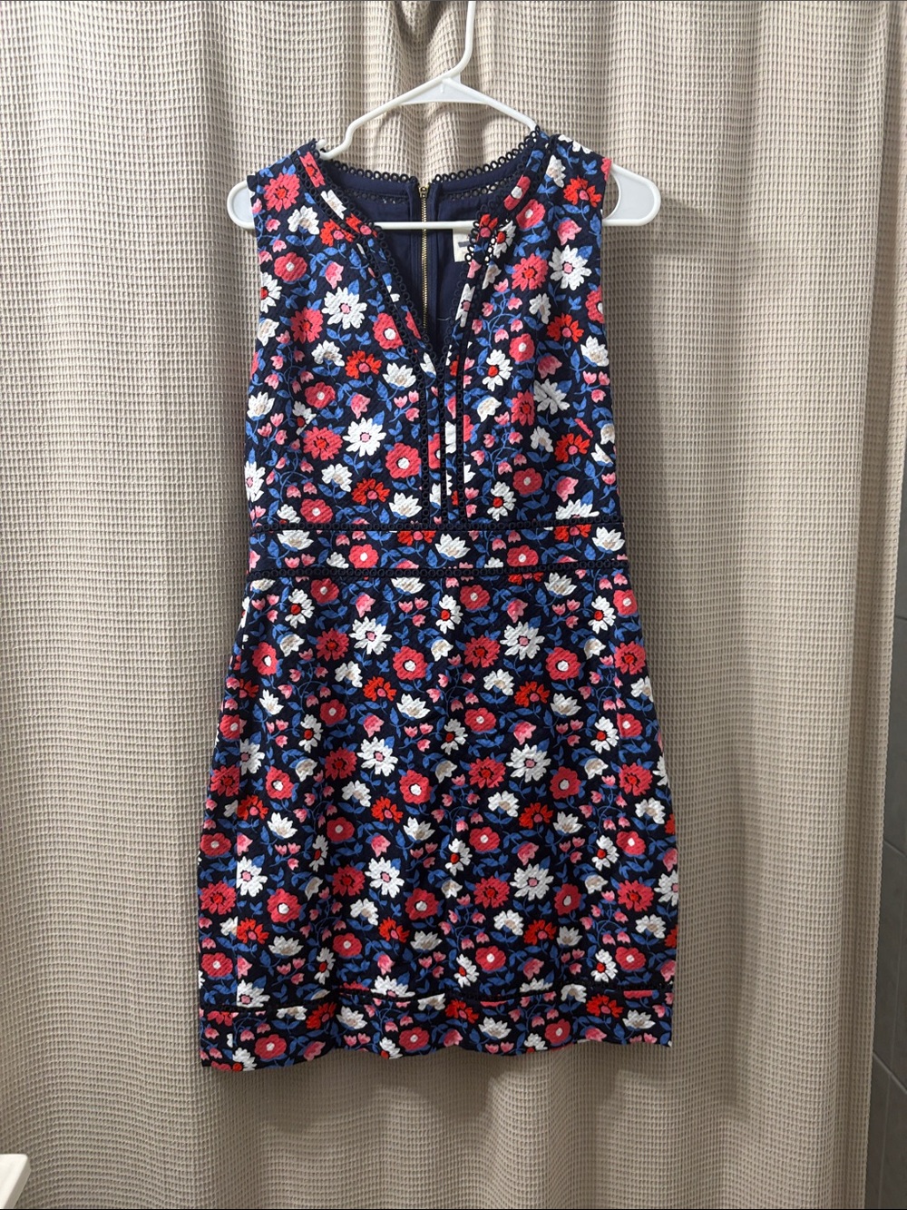 kate spade Navy Floral Embroidered Mini Dress with Red, White, Blue Flowers